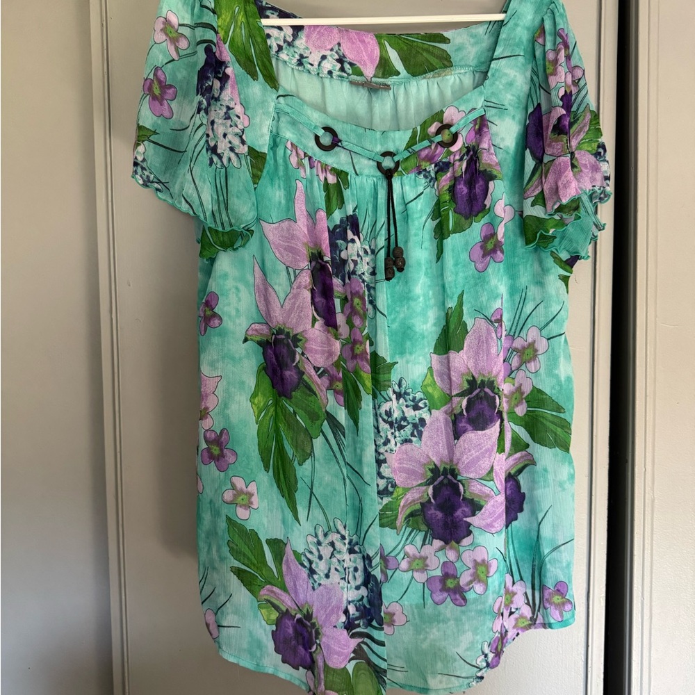 Roz & Ali Aqua Floral Blouse